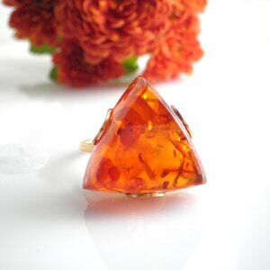1960’s Soviet Russian Gold Over 875 Sterling Silver Triangle Shape Amber Ring